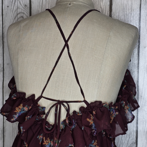 Free People Garden Party Maxi Dress Burgundy Floral Smocked Ruffle S - Picture 6 of 8